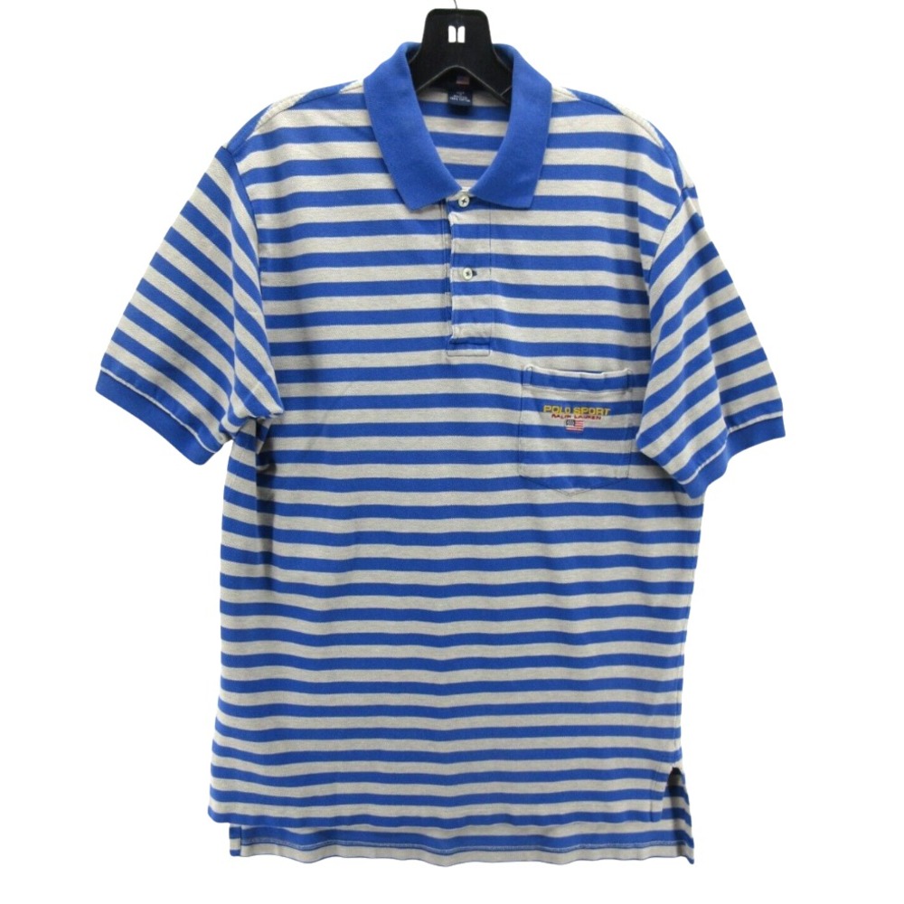 VTG 90s Ralph Lauren POLO SPORT SHIRT Blue/Gray Stripes SPELL OUT FLAG Pocket L